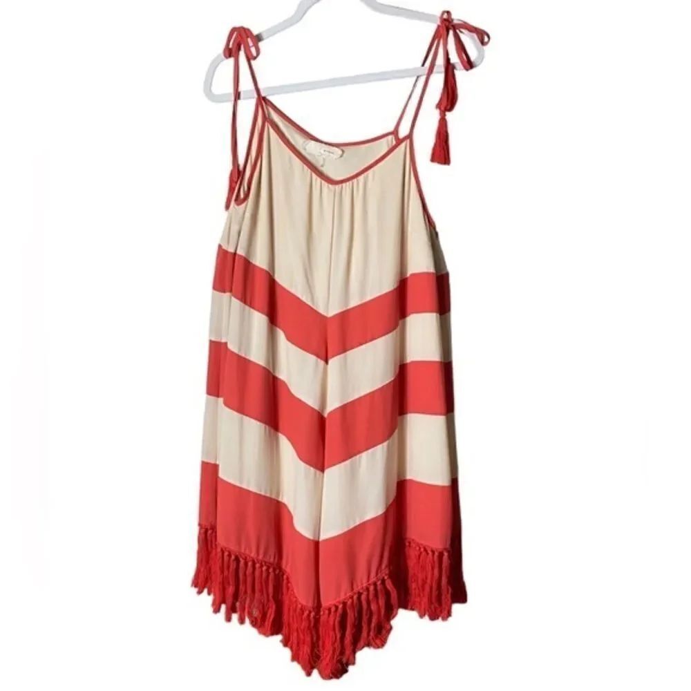 A’reve Wm’s Sz Med Coral Tan Bold Striped A Line Fringe Midi Sun Dress